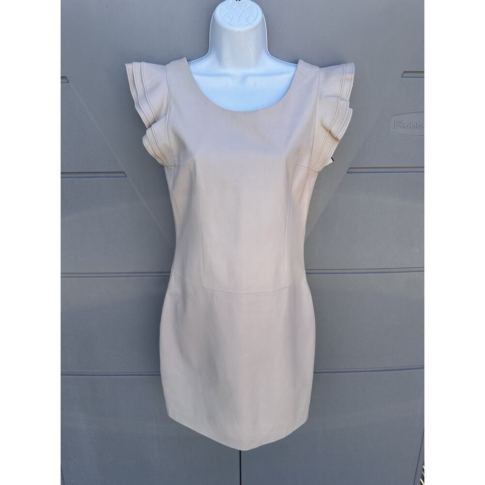 HOTEL PARTICULIER 100% Leather Bodycon Dress Ruffle Sleeves Minimalist Sz M